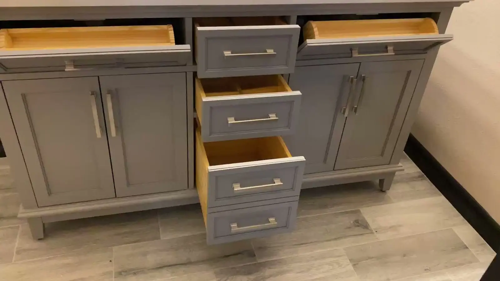 San Jacinto slab leak packout flooring baseboard and paint repair documented with finished flooring and vanity video stills